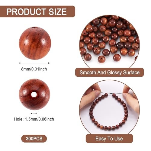 EEE ELECRELIVE 300pcs/Box 8mm Round Wood Beads Undyed Waxed Ball Spacer Beads Wooden Loose Beads for Bracelets Making, Handicraft & Home Decoration, Brown - Image 3
