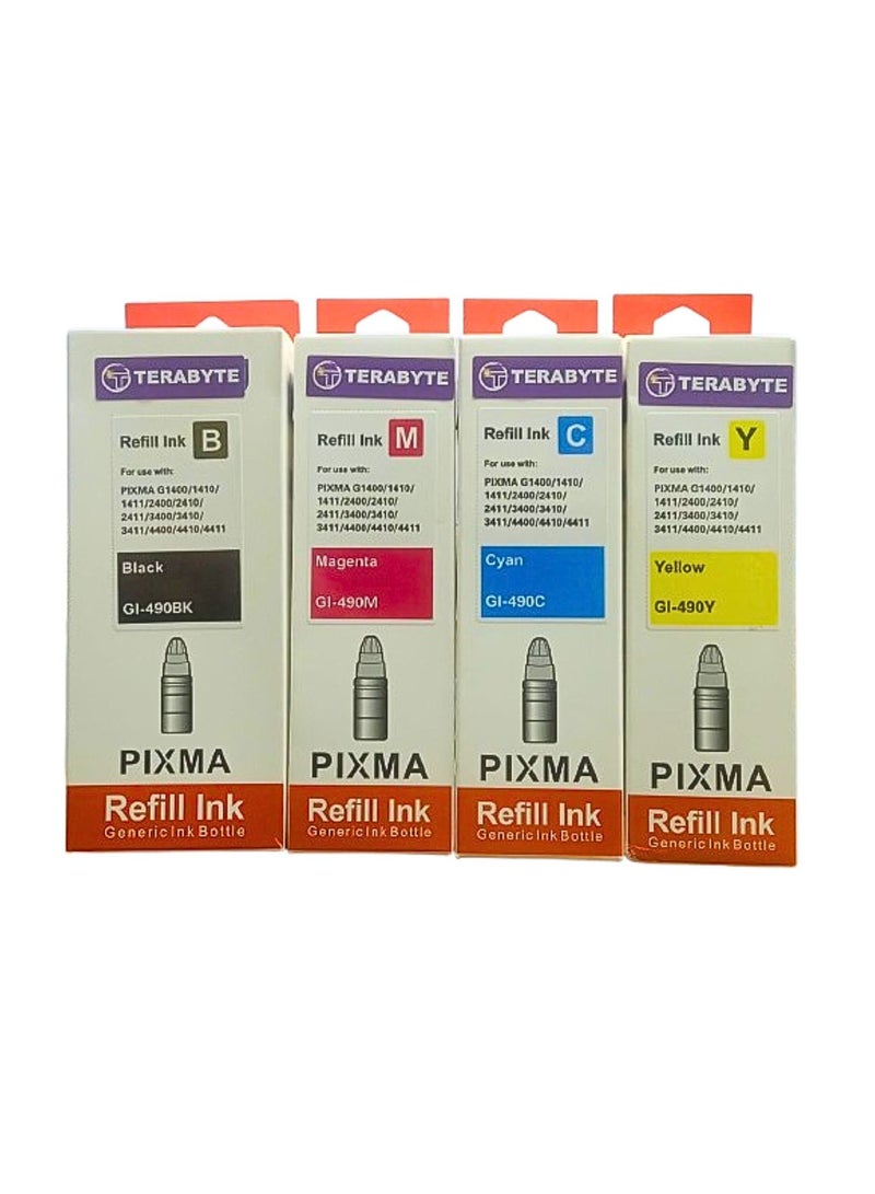 Terabyte حبر 490 لمجموعة كانون (4 عبوات أسود أزرق سماوي أرجواني أصفر) حبر لـ GI 490 لـ G3400 G2400 G1400 G4400 G1411 G2411 G3411 G4411 G4410 G3410 - Image 1