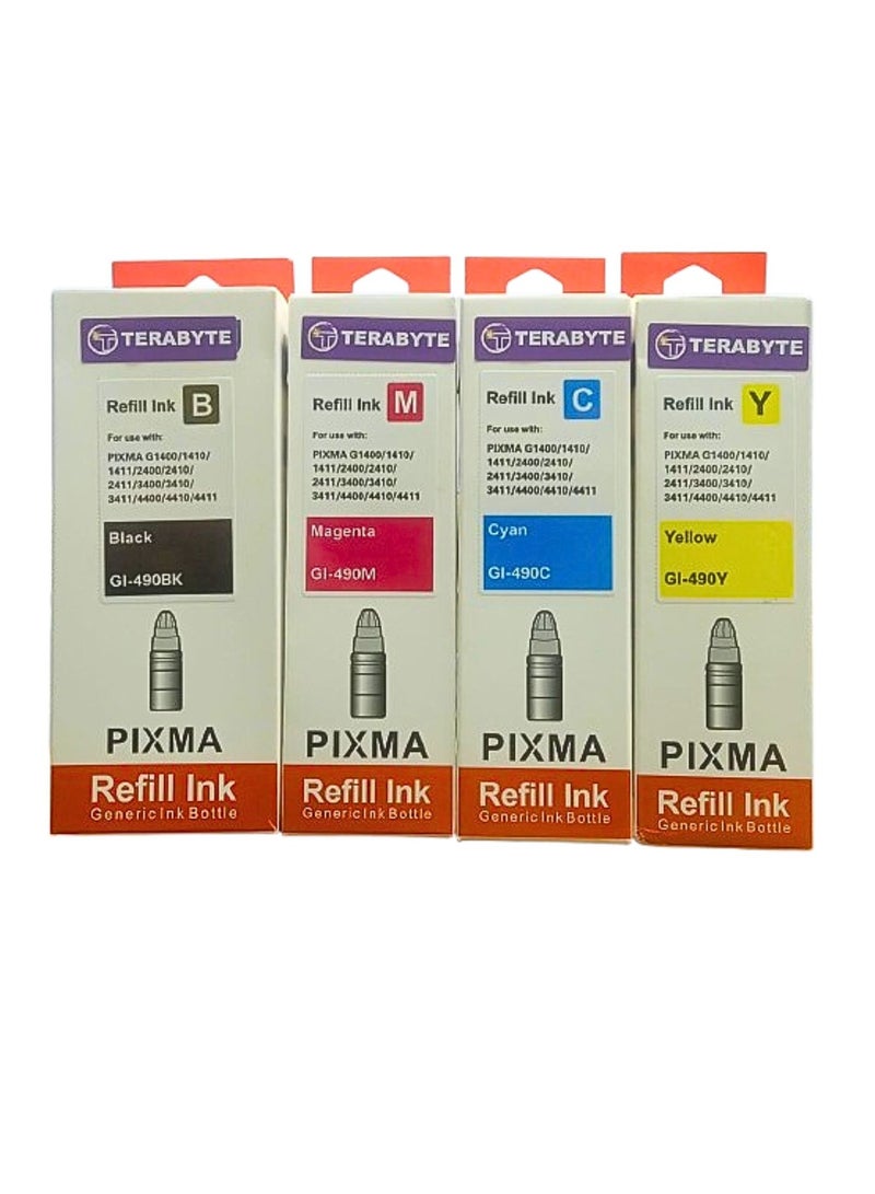 Terabyte حبر 490 لمجموعة كانون (4 عبوات أسود أزرق سماوي أرجواني أصفر) حبر لـ GI 490 لـ G3400 G2400 G1400 G4400 G1411 G2411 G3411 G4411 G4410 G3410 - Image 2
