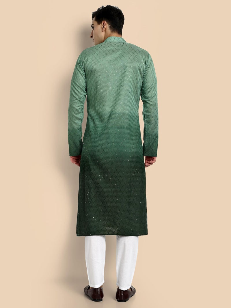 Vardha Men's Cotton Chikankari Embroidered and Sequence Full Sleeve Knee Length Casual Kurta for All Occations Like Wedding, Office & Events (MK_36_XXL_LK) Green - Image 3