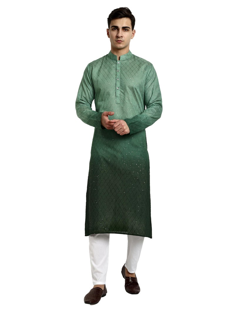 Vardha Men's Cotton Chikankari Embroidered and Sequence Full Sleeve Knee Length Casual Kurta for All Occations Like Wedding, Office & Events (MK_36_XXL_LK) Green - Image 1