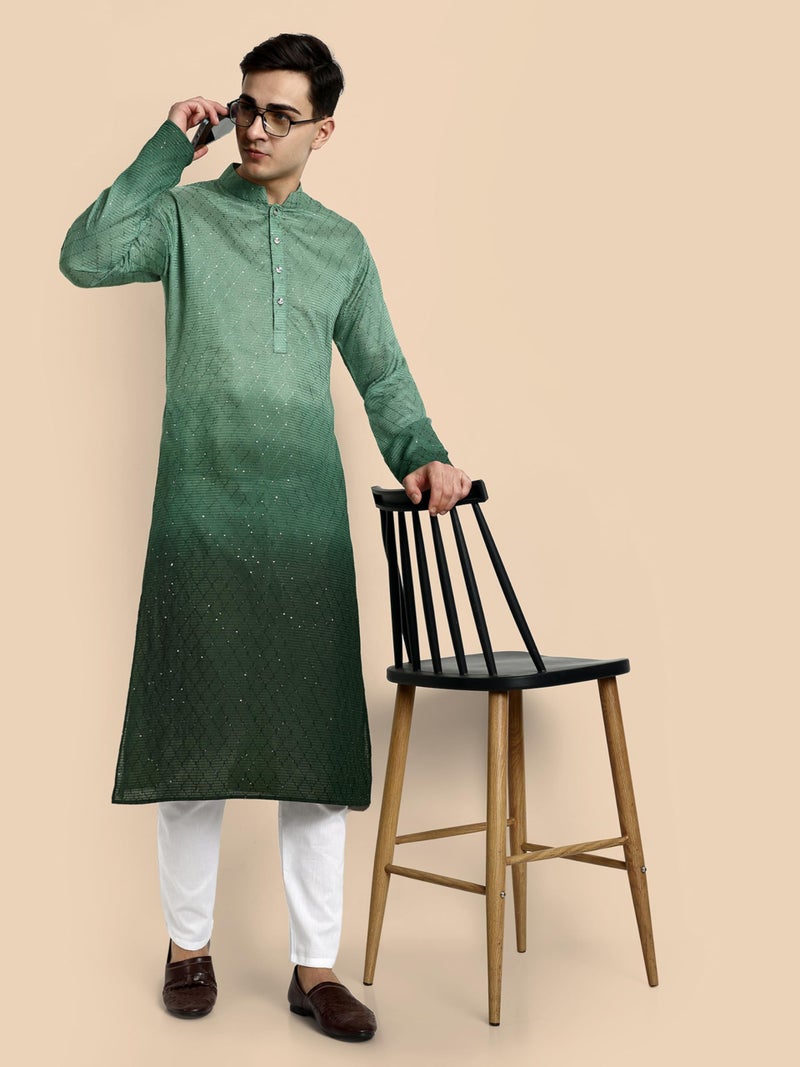 Vardha Men's Cotton Chikankari Embroidered and Sequence Full Sleeve Knee Length Casual Kurta for All Occations Like Wedding, Office & Events (MK_36_XXL_LK) Green - Image 5