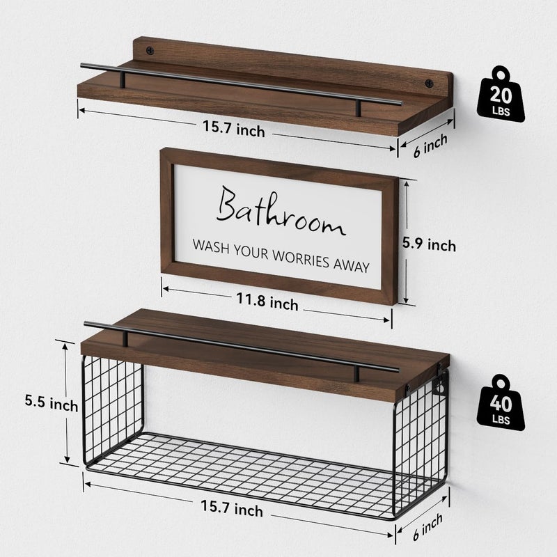WOPITUES Floating Shelves for Wall Decor Sign, Bathroom Organizers and Storage, Bathroom Shelves Over Toilet with Metal Guardrail-Rustic Brown - Image 3