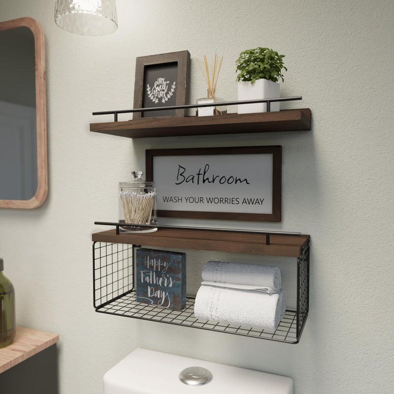 WOPITUES Floating Shelves for Wall Decor Sign, Bathroom Organizers and Storage, Bathroom Shelves Over Toilet with Metal Guardrail-Rustic Brown - Image 2