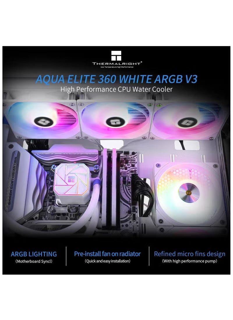 Thermalright Aqua Elite 360 White V3 Aio Water Cooling, 360 Liquid Cooling Row, ARGB PWM Cooler Fans, for Intel LGA1150/1151/1155/1156/1200/2011/1700,AMD:AM4/AM5, PC Cooler Aio  - Image 1