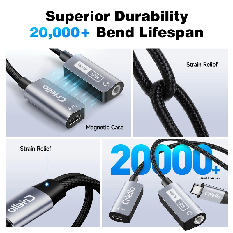 Criello محول صوتي وشاحن كابل USB-C إلى 3.5 مم من كرييلو 2 في 1 مع شحن سريع PD 60W لجهاز iPhone 17/16/15 Plus Pro Max، iPad Pro، Switch 2 - Image 5