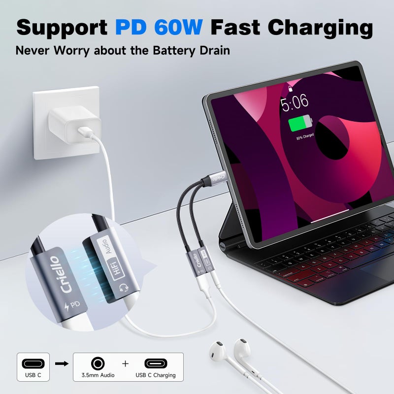 Criello محول صوتي وشاحن كابل USB-C إلى 3.5 مم من كرييلو 2 في 1 مع شحن سريع PD 60W لجهاز iPhone 17/16/15 Plus Pro Max، iPad Pro، Switch 2 - Image 4