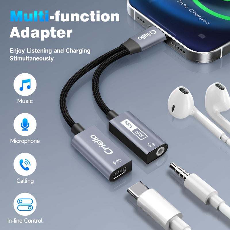 Criello محول صوتي وشاحن كابل USB-C إلى 3.5 مم من كرييلو 2 في 1 مع شحن سريع PD 60W لجهاز iPhone 17/16/15 Plus Pro Max، iPad Pro، Switch 2 - Image 2