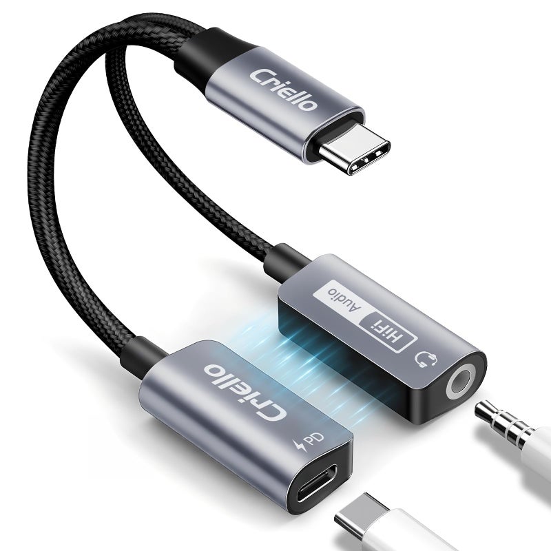 Criello محول صوتي وشاحن كابل USB-C إلى 3.5 مم من كرييلو 2 في 1 مع شحن سريع PD 60W لجهاز iPhone 17/16/15 Plus Pro Max، iPad Pro، Switch 2 - Image 1