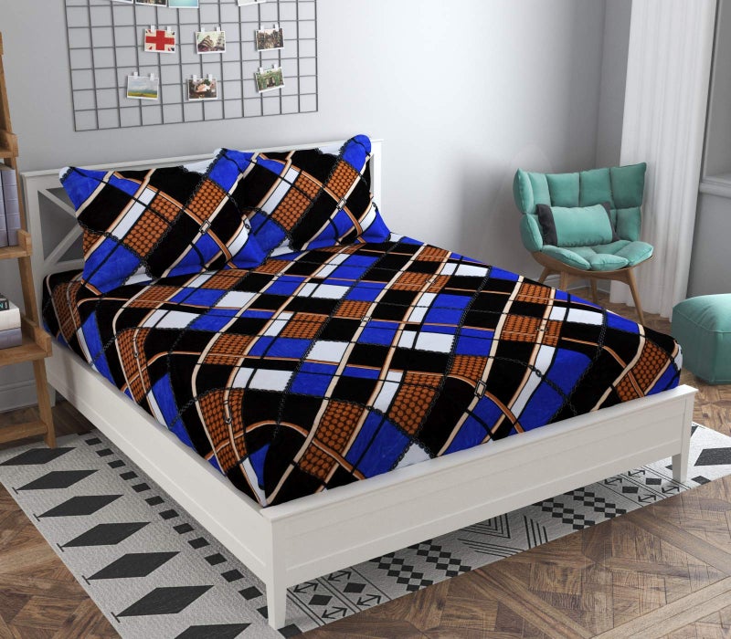Temoli® Luxury Winter Warm Velvet Fitted King Size Double Bedsheet with 2 Zipper Pillow Covers | Elastic Bedsheet for Double Bed (72x78 inch, Boxes-Blue) - Image 1