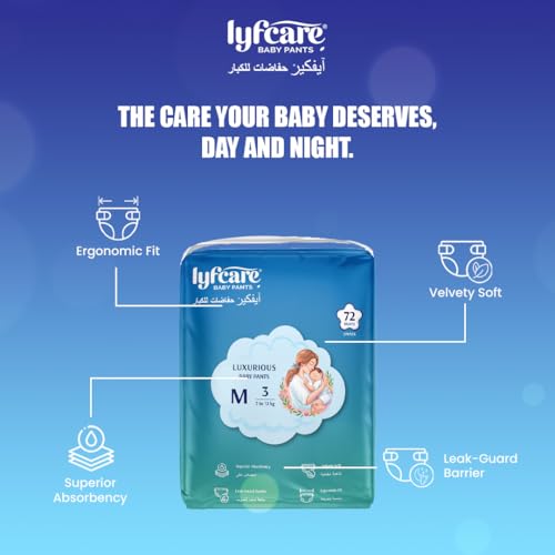 Lyfcare Baby Diaper M Size Pants with Leakage Projection & Super Absorbency | Pant Style Baby Diapers | Soft & Comfortable | Medium (72 Diapers) | 7 – 12 Kg | Pack of 1 - Image 2