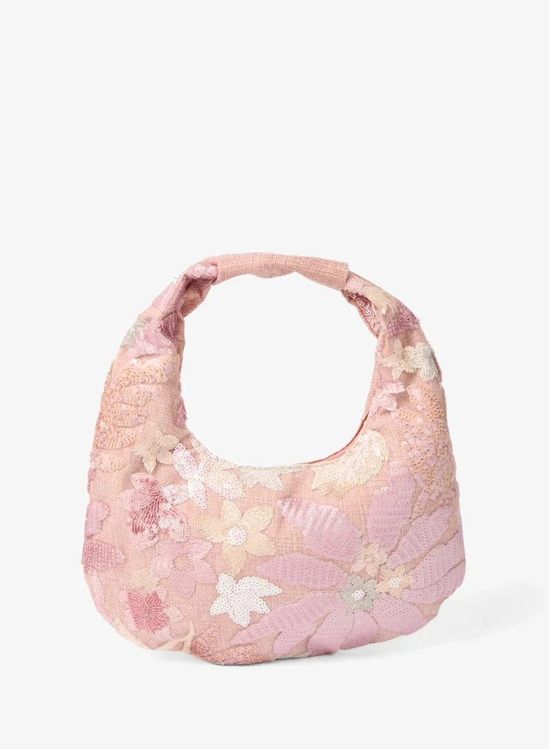 Blue Vanilla Embellished Floral Hobo Bag