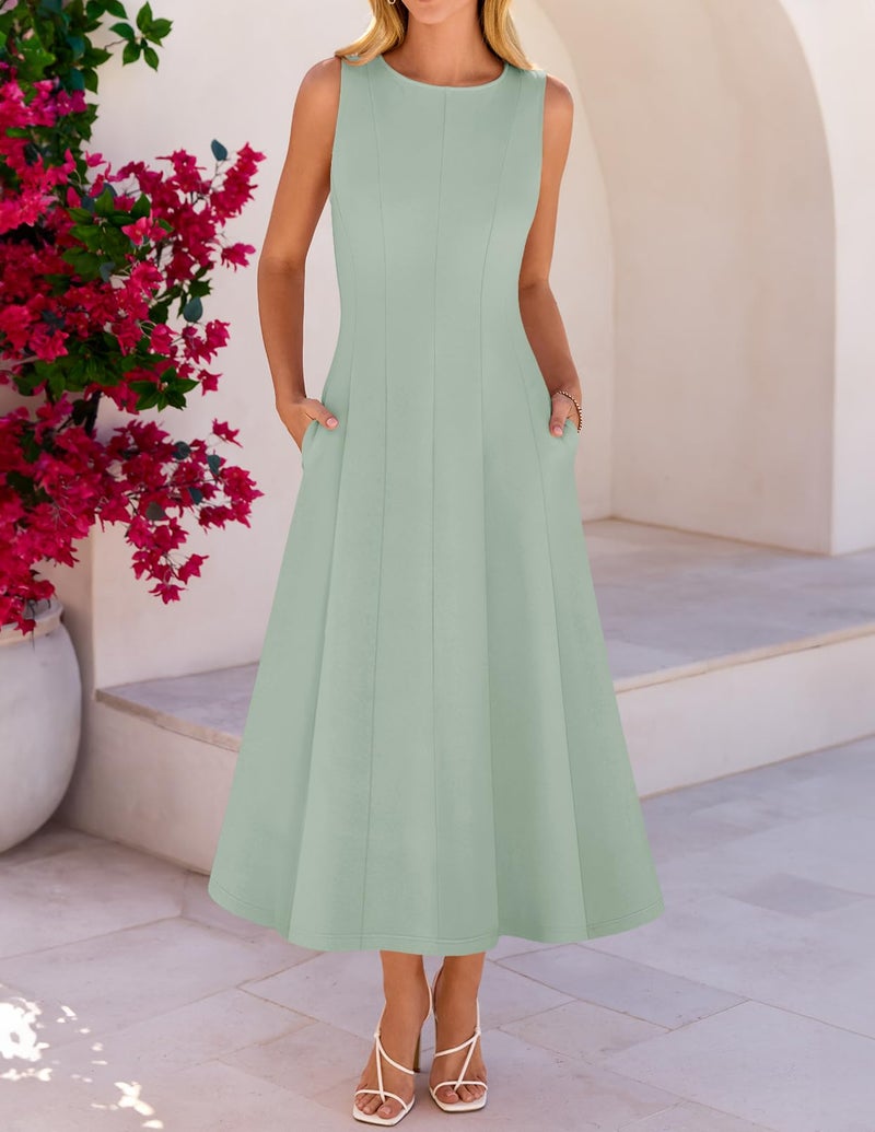 MEROKEETY Women's 2026 Semi Formal Cocktail Dresses Summer Elegant Classy Midi A Line Sleeveless Dress, Sage, X-Large - Image 3