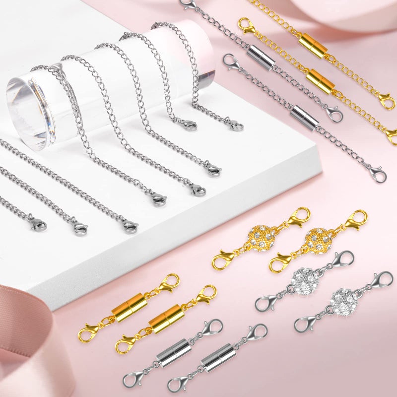 Beinhome 22Pcs Magnetic Jewelry Clasps and Necklace Extenders, Gold Silver Necklace Layering Clasp, Multiple Sizes and Styles Chain Extender Magnetic Clasps for Necklaces Bracelet Anklet - Image 2