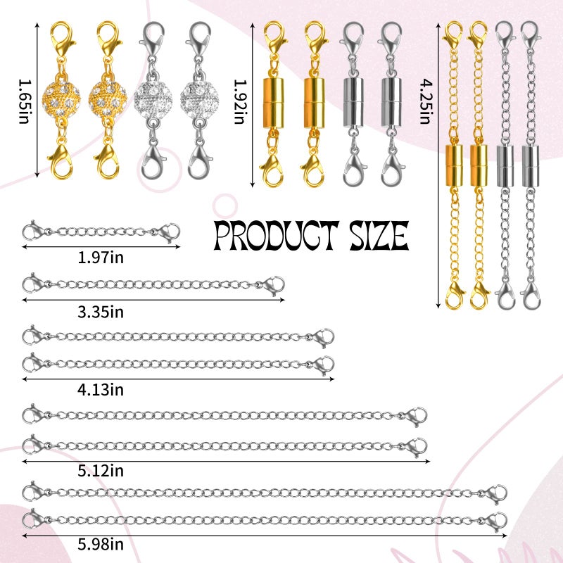 Beinhome 22Pcs Magnetic Jewelry Clasps and Necklace Extenders, Gold Silver Necklace Layering Clasp, Multiple Sizes and Styles Chain Extender Magnetic Clasps for Necklaces Bracelet Anklet - Image 3
