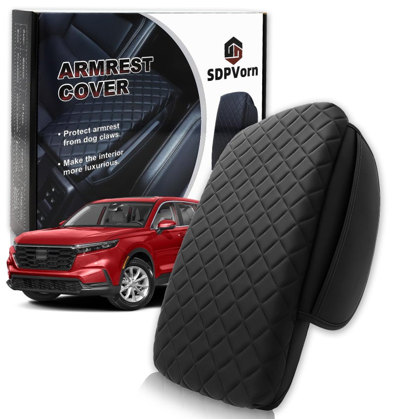SDPVorn Armrest Cover for Honda CRV Center Console Pad with Organizer Storage Pockets Black Faux Leather Arm Rest Lid Protector Cushion Interior Accessories 20232026