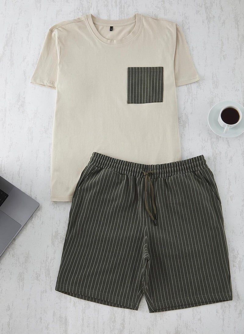 trendyol Beige-Khaki Regular Fit Striped Knitted Shorts Pajama Set Tmnss25Pt00036 - Image 2