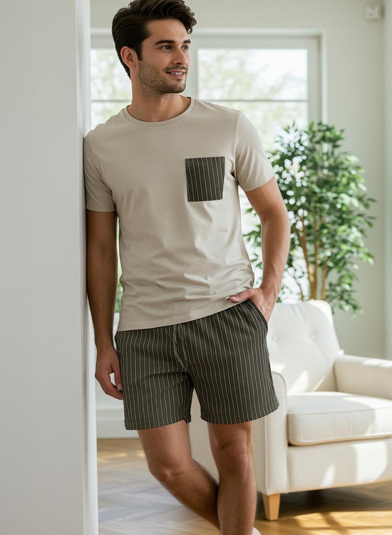 trendyol Beige-Khaki Regular Fit Striped Knitted Shorts Pajama Set Tmnss25Pt00036 - Image 1