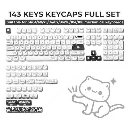 GMKWTL XVX Cute Cat Keycaps, Mao Profile White PBT Keycaps, 143 Keys Meow Meow Keyboard Keycap Sets Compatible with 65% 75% 96% 100% Cherry Gateron MX Switches Mechanical Gaming Keyboard - Image 4