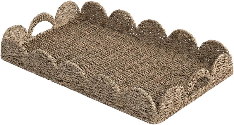 StorageWorks Large Wicker Scalloped Edge Serving Tray, Rectangle Tray with Built-in Handles, Hand-Woven Scalloped Rattan Tray, Wicker Trays for Décor, Natural Seagrass - Image 1