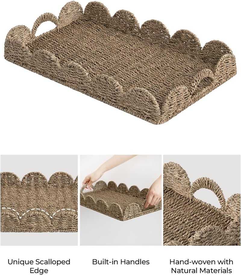 StorageWorks Large Wicker Scalloped Edge Serving Tray, Rectangle Tray with Built-in Handles, Hand-Woven Scalloped Rattan Tray, Wicker Trays for Décor, Natural Seagrass - Image 3