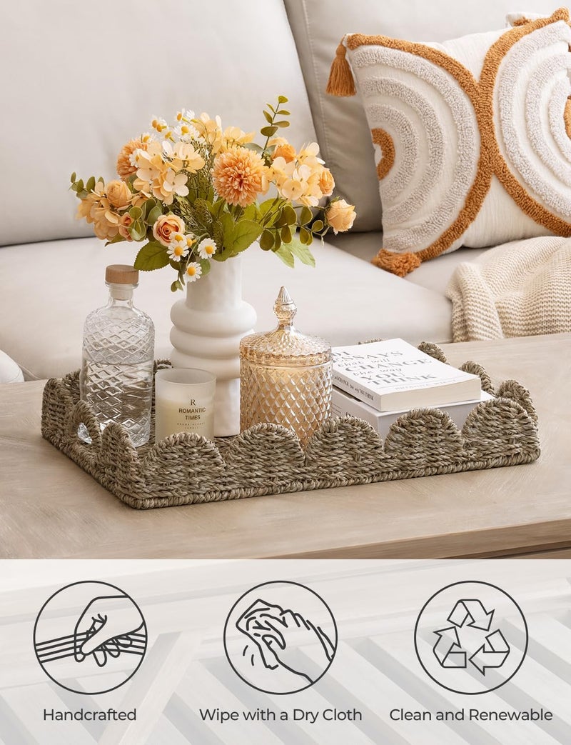 StorageWorks Large Wicker Scalloped Edge Serving Tray, Rectangle Tray with Built-in Handles, Hand-Woven Scalloped Rattan Tray, Wicker Trays for Décor, Natural Seagrass - Image 4