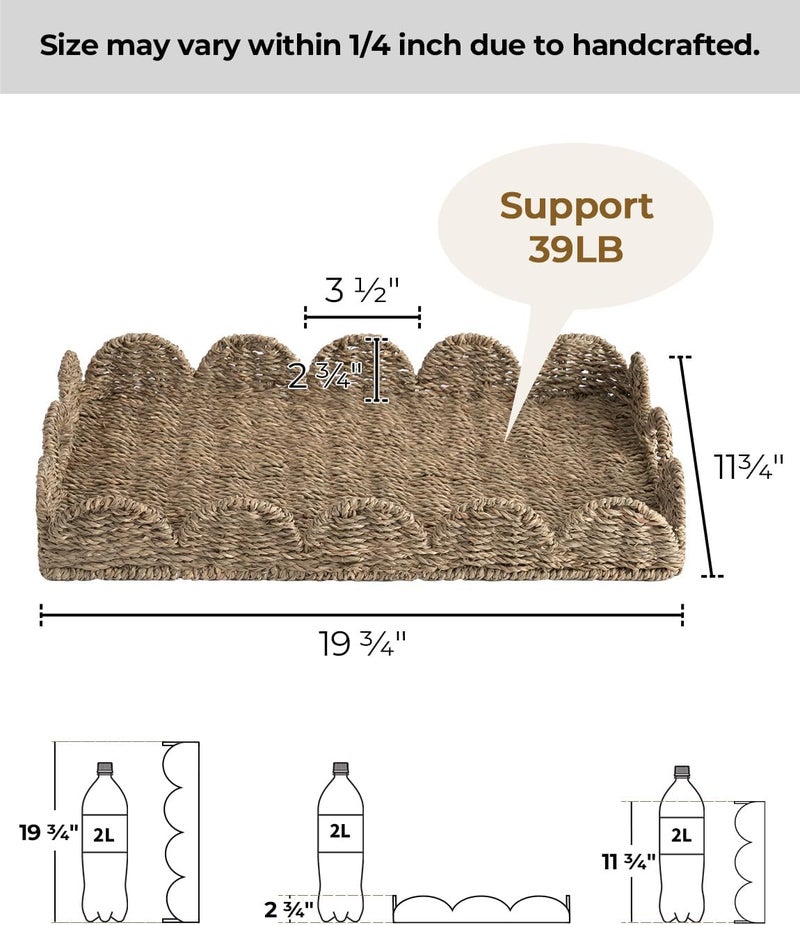 StorageWorks Large Wicker Scalloped Edge Serving Tray, Rectangle Tray with Built-in Handles, Hand-Woven Scalloped Rattan Tray, Wicker Trays for Décor, Natural Seagrass - Image 2
