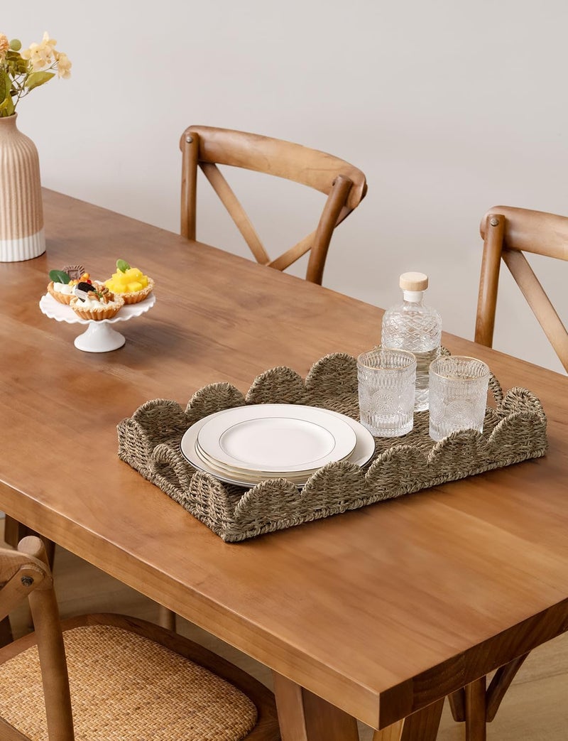 StorageWorks Large Wicker Scalloped Edge Serving Tray, Rectangle Tray with Built-in Handles, Hand-Woven Scalloped Rattan Tray, Wicker Trays for Décor, Natural Seagrass - Image 5