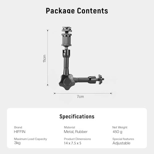HIFFIN 7"/18cm Adjustable Magic Arm with Ball Head, 1/4" Screws for Flash/LED Light/Microphone/Monitor, Compatible with All Camera Cage, Max Load: 4.4lb/2kg - Image 2