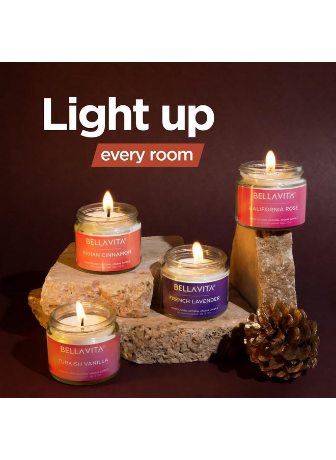 Bella Vita Organic Bella Vita Organic Glass Aroma Candles for Home Decor 4 X 60G Each, (Pack of 2) - Vanilla, Cinnamon, Lavender & Rose, Upto 15 Hours, Best Gift for Bedroom Home Decoration  - Image 2