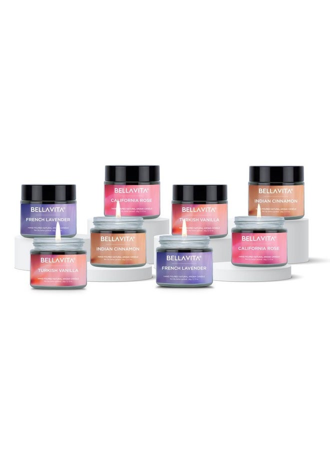 Bella Vita Organic Bella Vita Organic Glass Aroma Candles for Home Decor 4 X 60G Each, (Pack of 2) - Vanilla, Cinnamon, Lavender & Rose, Upto 15 Hours, Best Gift for Bedroom Home Decoration  - Image 1