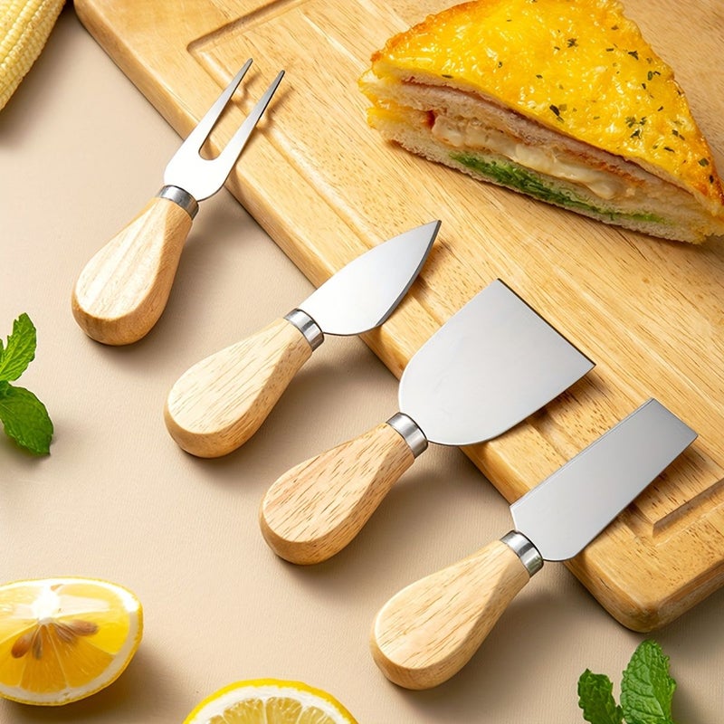 Stainless Steel Cheese Knife Set With Rubber Wood Handle Cream Spreader Fork Spatula - Image 1