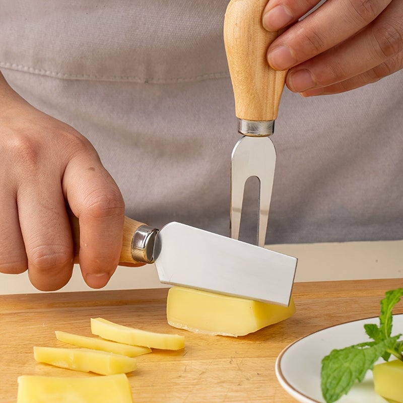 Stainless Steel Cheese Knife Set With Rubber Wood Handle Cream Spreader Fork Spatula - Image 4