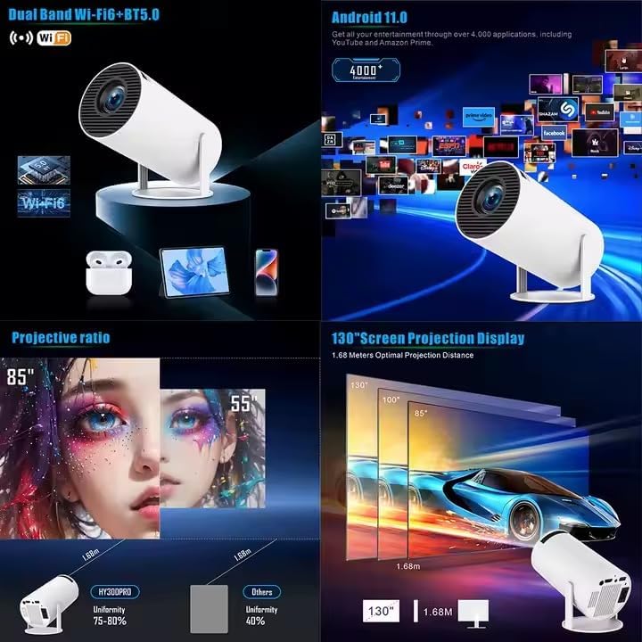 Smart Projector 4K 1080P Full HD Support Android Mini Projector Portable Projector with 5G WiFi6 BT5.0 Auto Horizontal 180° Rotatable Projector with TV Stick for Phone or Laptop Home/Outdoor - Image 4