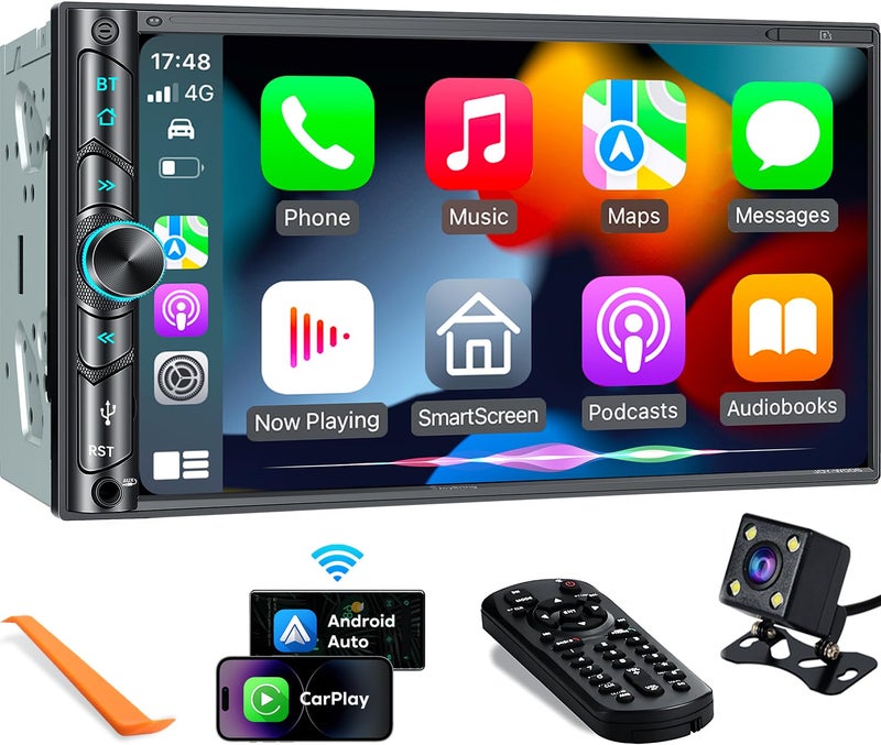 SJOYBRING Upgrade Wireless Double Din Car Stereo with Carplay, Android Auto, Bluetooth, 4-Channel RCA, High Power, 2 Subwoofer Ports, 7" HD Capacitive Touchscreen Car Radio, Backup Camera, Audio Receiver - Image 1
