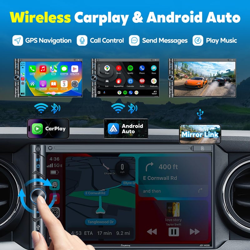 SJOYBRING Upgrade Wireless Double Din Car Stereo with Carplay, Android Auto, Bluetooth, 4-Channel RCA, High Power, 2 Subwoofer Ports, 7" HD Capacitive Touchscreen Car Radio, Backup Camera, Audio Receiver - Image 2