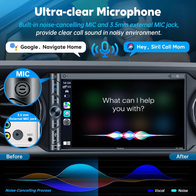SJOYBRING Upgrade Wireless Double Din Car Stereo with Carplay, Android Auto, Bluetooth, 4-Channel RCA, High Power, 2 Subwoofer Ports, 7" HD Capacitive Touchscreen Car Radio, Backup Camera, Audio Receiver - Image 4