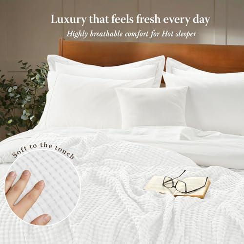 Threadmilll Cooling Waffle Blanket King Size | Breathable, Lightweight and Cooling | Made from Rayon Derived from Bamboo | Waffle Throw Blanket for Couch and Sofa | 106 x 92 Inches | White - Image 5