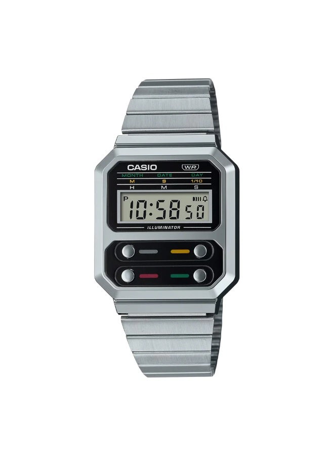 CASIO A100WE-1A Vintage Digital Quartz Watch, 40.7 mm Silver Dial, Resin Case & Stainless Steel Bracelet, Water-Resistant