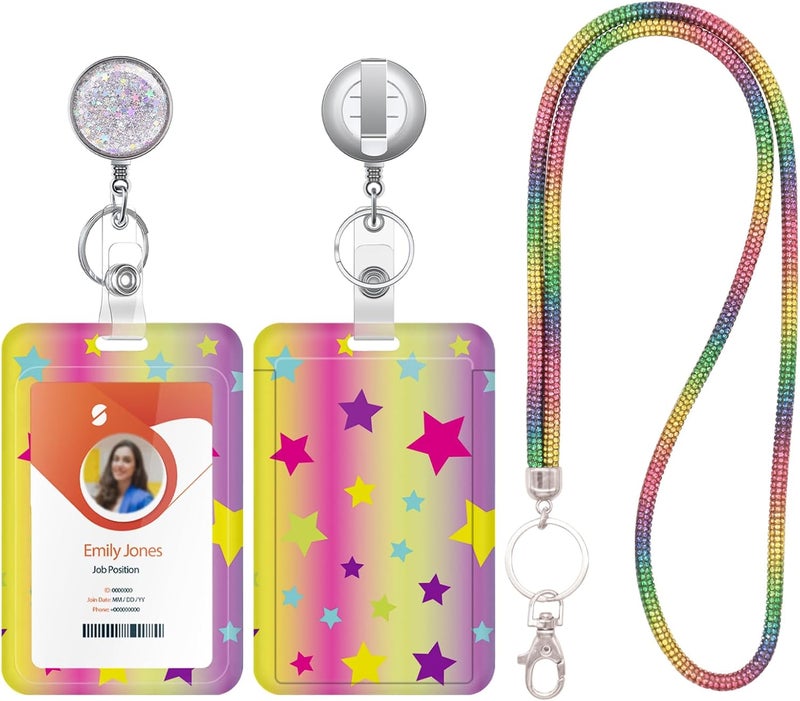 Boutilon ID Badge Holder with Lanyard,Retractable ID Badge Card Holders Sparkling Detachable Lanyard Strap with Badge Reel and Vertical ID Holder for Nurse Students Teachers(Pretty Rainbow) - Image 1