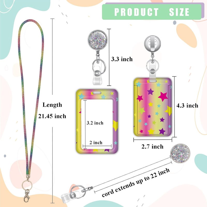 Boutilon ID Badge Holder with Lanyard,Retractable ID Badge Card Holders Sparkling Detachable Lanyard Strap with Badge Reel and Vertical ID Holder for Nurse Students Teachers(Pretty Rainbow) - Image 2