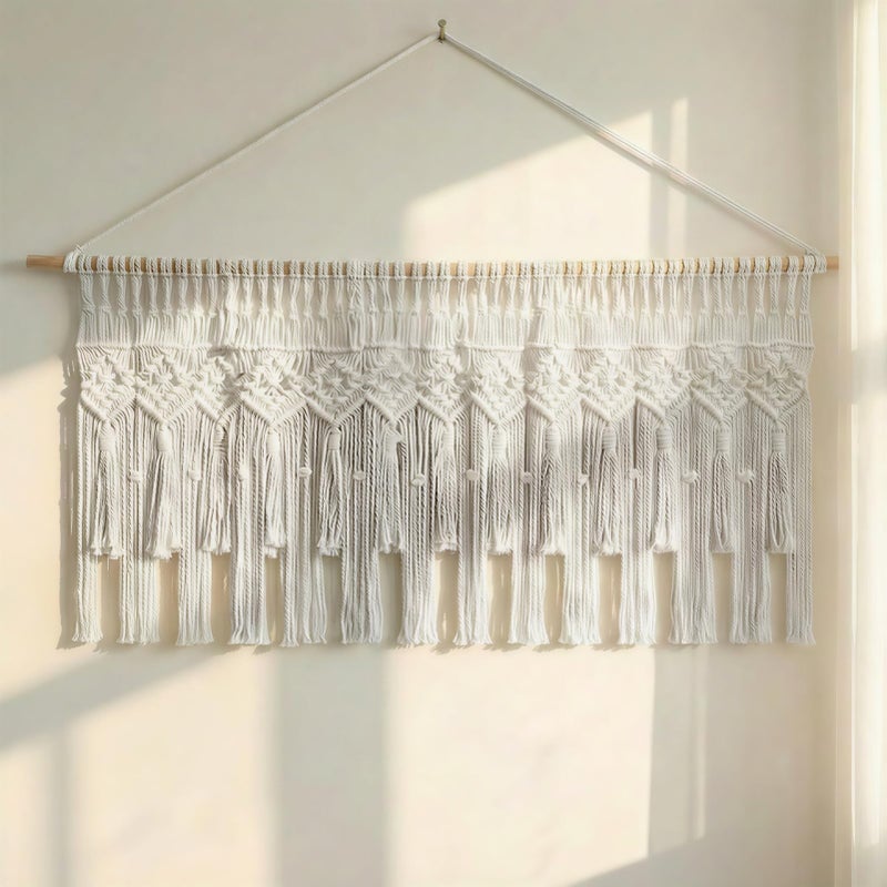 WOSIBO Boho Macrame Window Valance Handmade Cotton Decor Wall Hanging Curtain Panels for Kitchen Bedroom Livingroom Cafe 52" W X 21" L (Boho) - Image 1