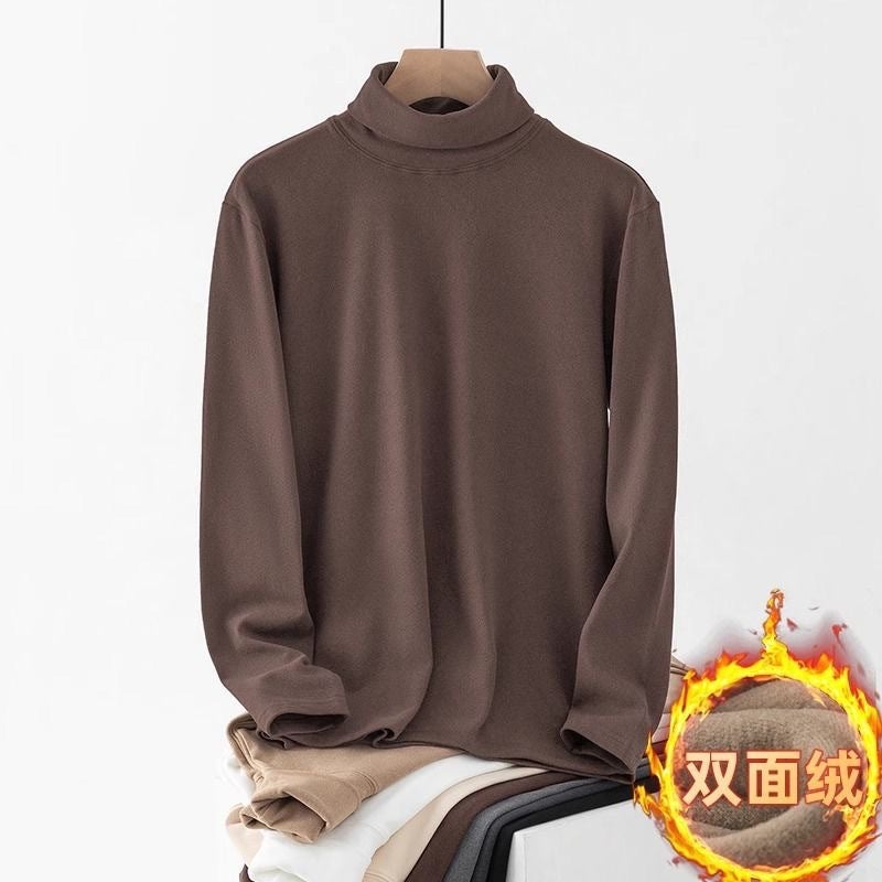 Autumn and Winter Solid Color Trendy Slimming Long Sleeve T-Shirt Mens High Collar Double-Sided Velvet Base Shirt Heat Storage Warm Top White - Image 4