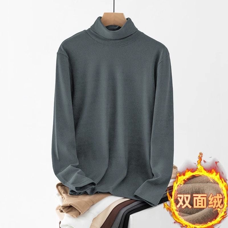 Autumn and Winter Solid Color Trendy Slimming Long Sleeve T-Shirt Mens High Collar Double-Sided Velvet Base Shirt Heat Storage Warm Top White - Image 2