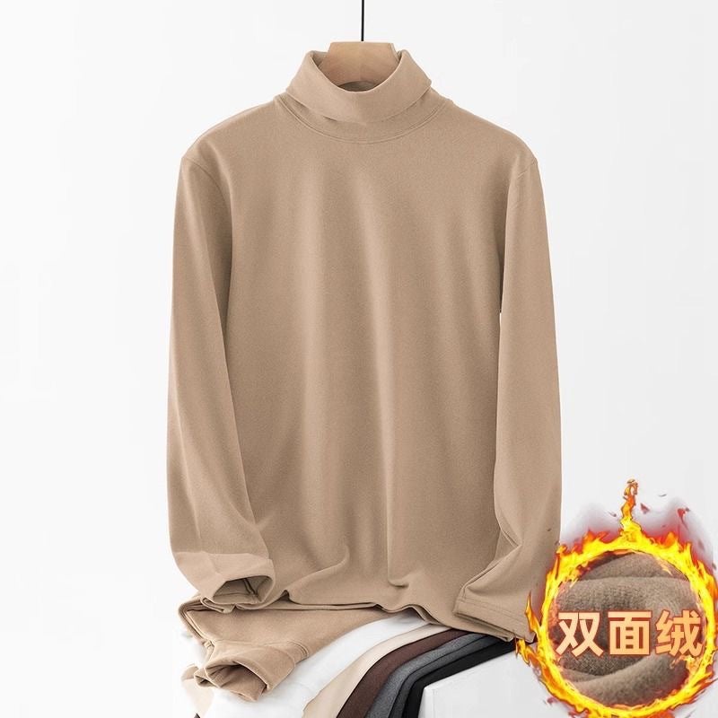 Autumn and Winter Solid Color Trendy Slimming Long Sleeve T-Shirt Mens High Collar Double-Sided Velvet Base Shirt Heat Storage Warm Top White - Image 3