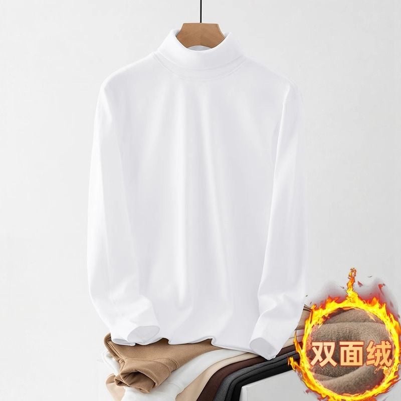 Autumn and Winter Solid Color Trendy Slimming Long Sleeve T-Shirt Mens High Collar Double-Sided Velvet Base Shirt Heat Storage Warm Top White - Image 1