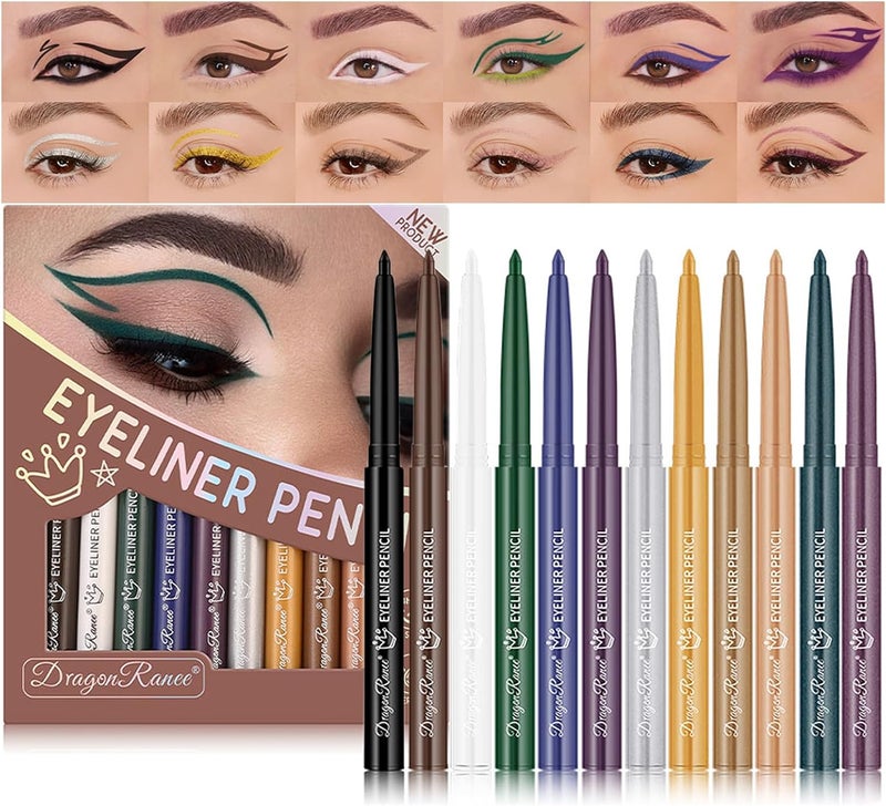 12 Colorful Eyeliner Pen Set Pearl Glitter Metallic Eye Shadow Pencil Pigmented Long Lasting Smudgeproof Waterproof Eyeshadow Eye Makeup for Women
