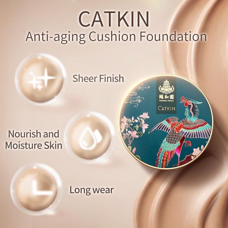 Catkin Phoenix Cushion Foundation Buildable Coverage Anti-Aging Serum Makeup, Sheer Satin Finish, Refill Included, Light Beige 0.46 Oz x 2, C03 VANILLA - Image 2