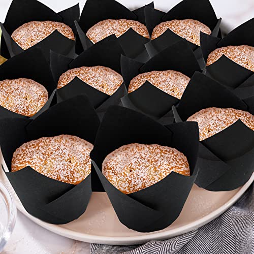 Jutom 200 Pack Tulip Cupcake Liners Paper Baking Cups Greaseproof Muffin Liners Grease Resistant Cupcake Wrappers for Weddings Birthday Cake Balls Muffins Candy Jelly Party(Black) - Image 4