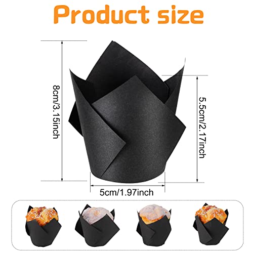 Jutom 200 Pack Tulip Cupcake Liners Paper Baking Cups Greaseproof Muffin Liners Grease Resistant Cupcake Wrappers for Weddings Birthday Cake Balls Muffins Candy Jelly Party(Black) - Image 2